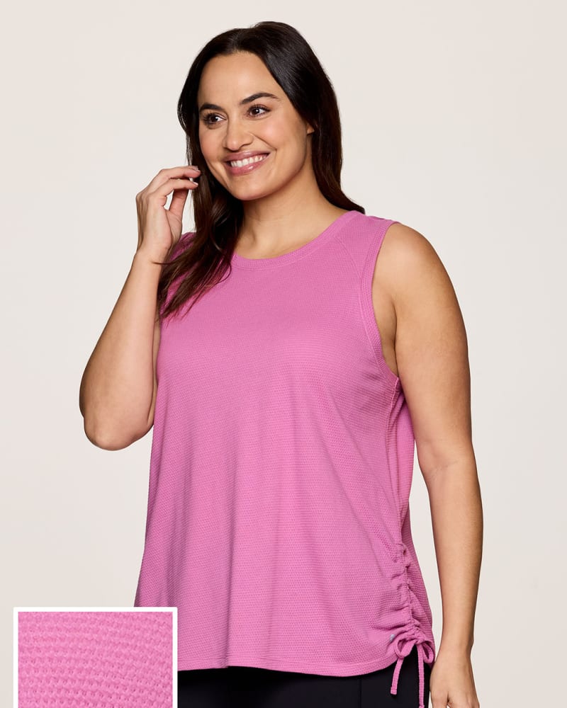 Front of a model wearing a size 1X Plus Day Dreamer Ruched Tank in PINK ORCHID by RBX Active. | dia_product_style_image_id:341686